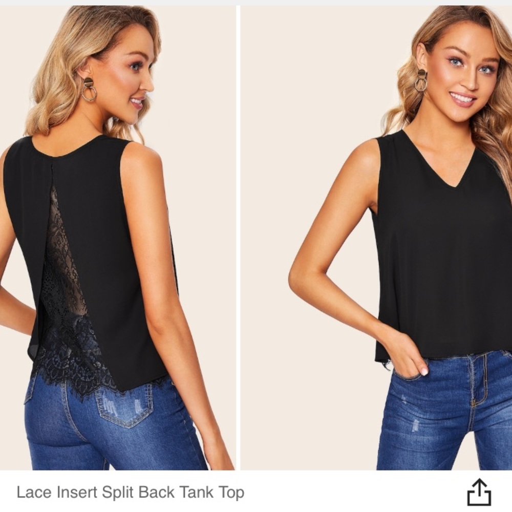 NIP Black Lace Insert Split Back Tank, M